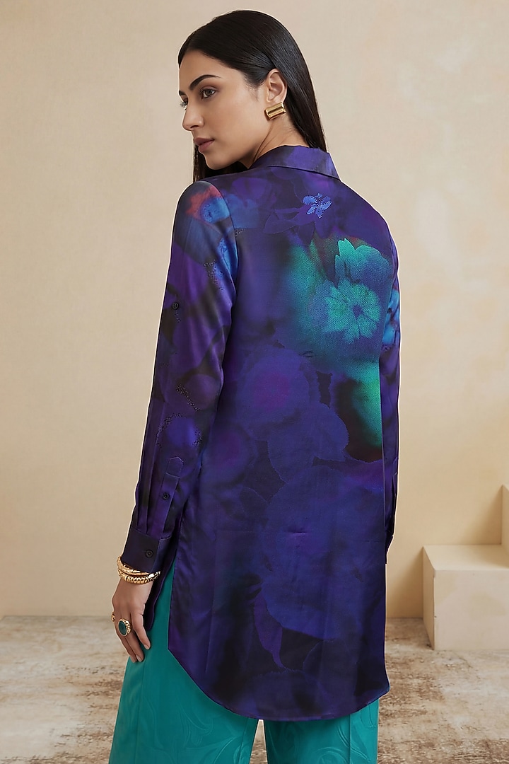 Ink Blue Poly Satin Abstract Printed Shirt by Satya Paul at Pernia's Pop Up Shop