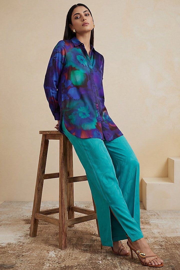 Ink Blue Poly Satin Abstract Printed Shirt by Satya Paul at Pernia's Pop Up Shop