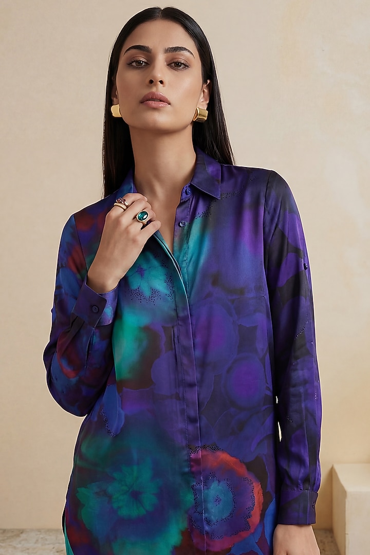Ink Blue Poly Satin Abstract Printed Shirt by Satya Paul at Pernia's Pop Up Shop