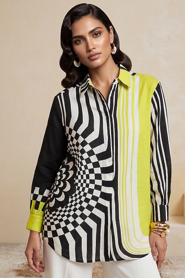 Yellow Linen Kaleidoscopic Striped Tunic by Satya Paul at Pernia's Pop Up Shop
