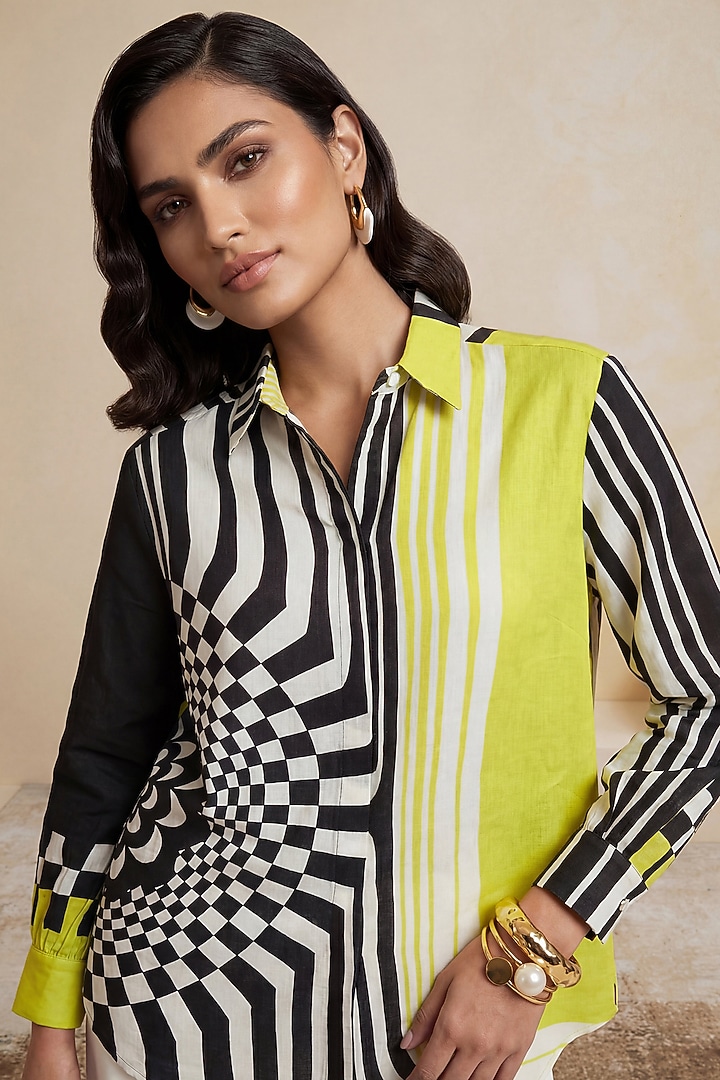 Yellow Linen Kaleidoscopic Striped Tunic by Satya Paul at Pernia's Pop Up Shop