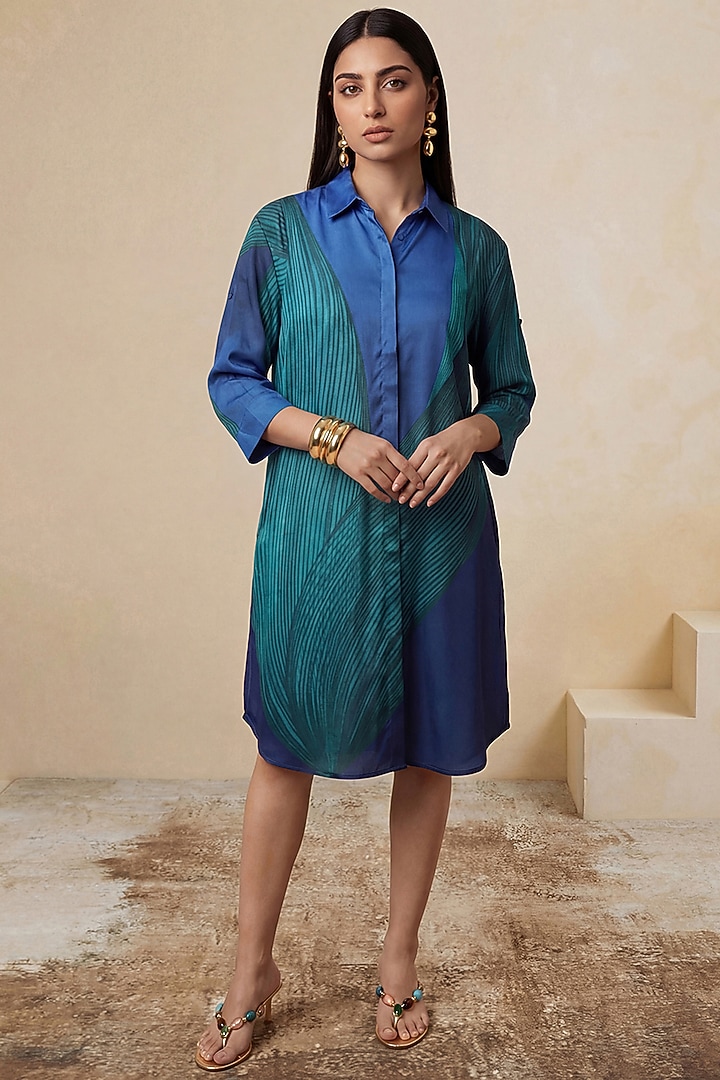 Blue Royal Poly Satin Printed Midi Summer Dress by Satya Paul at Pernia's Pop Up Shop