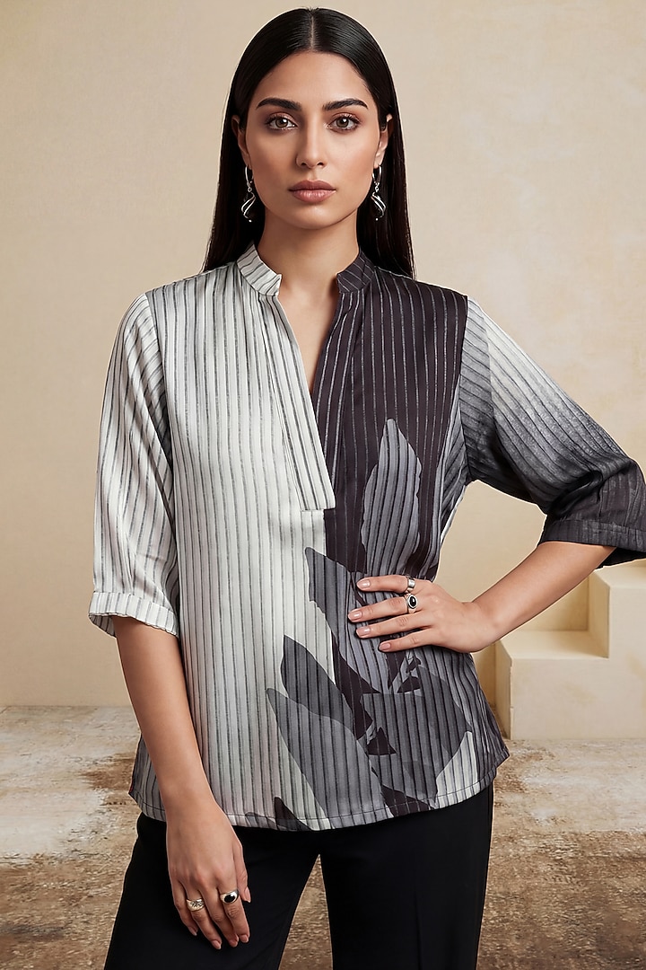 Grey Poly Satin Monochrome Striped Tunic by Satya Paul at Pernia's Pop Up Shop