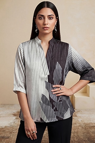 Grey Poly Satin Monochrome Striped Tunic by Satya Paul