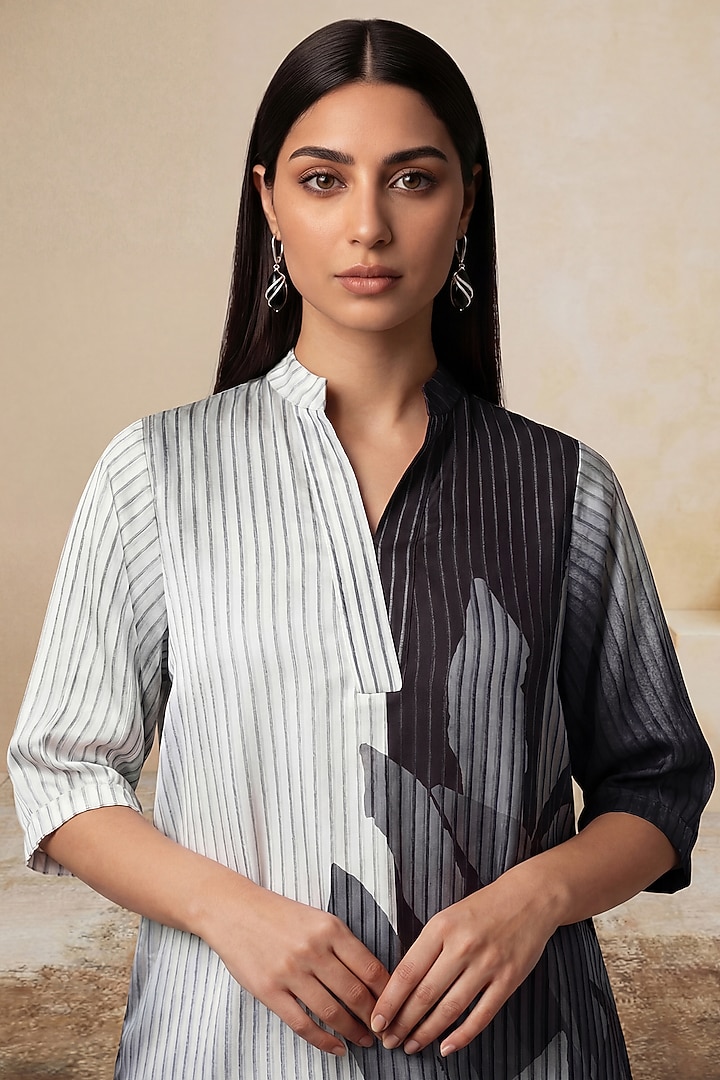 Grey Poly Satin Monochrome Striped Tunic by Satya Paul at Pernia's Pop Up Shop
