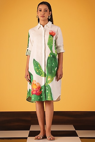 White Linen Cactus Printed Dress by Satya Paul