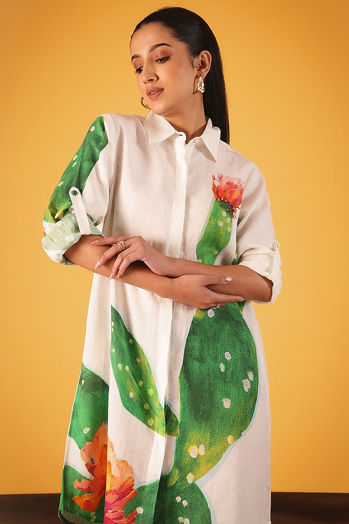 White Linen Cactus Printed Summer Dress by Satya Paul at Pernia's Pop Up Shop