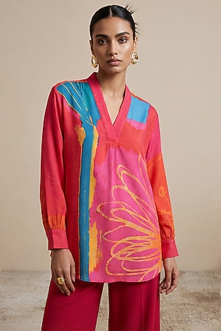 Red Viscose Linen Hand Painted Tunic by Satya Paul