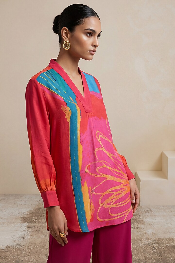 Red Viscose Linen Hand Painted Tunic by Satya Paul at Pernia's Pop Up Shop
