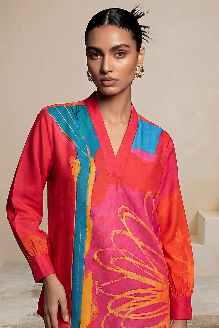 Red Viscose Linen Hand Painted Tunic by Satya Paul at Pernia's Pop Up Shop