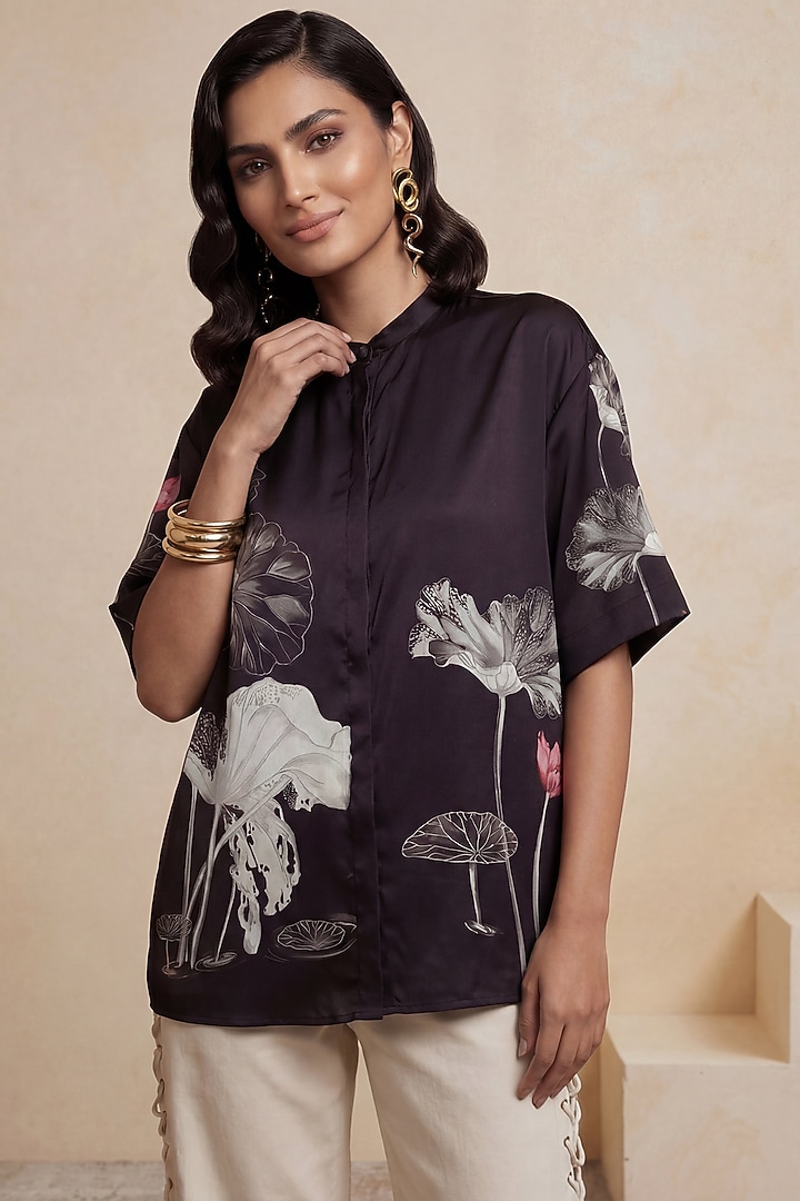 Black & White Poly Satin Floral Printed Tunic by Satya Paul at Pernia's Pop Up Shop