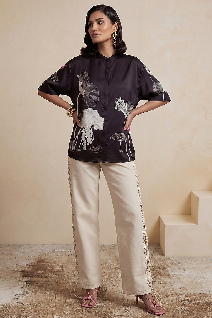 Black & White Poly Satin Floral Printed Tunic by Satya Paul at Pernia's Pop Up Shop