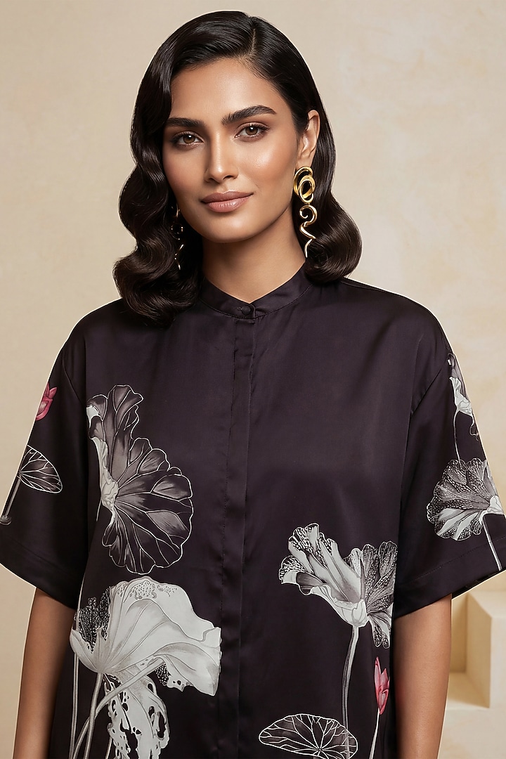 Black & White Poly Satin Floral Printed Tunic by Satya Paul at Pernia's Pop Up Shop