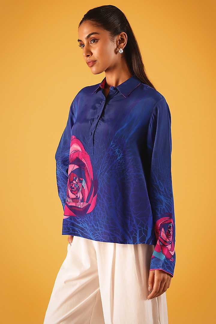 Blue Viscose Crepe Button-Down Tunic by Satya Paul at Pernia's Pop Up Shop