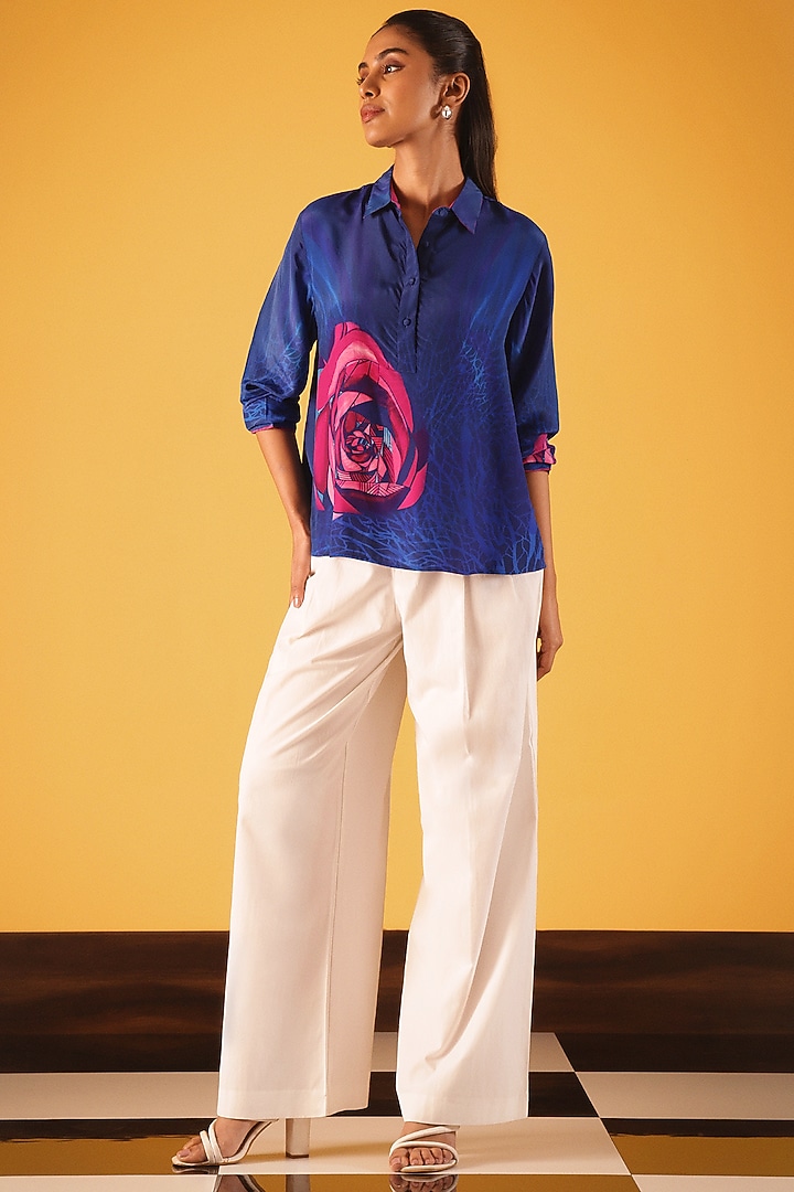 Blue Viscose Crepe Button-Down Tunic by Satya Paul at Pernia's Pop Up Shop