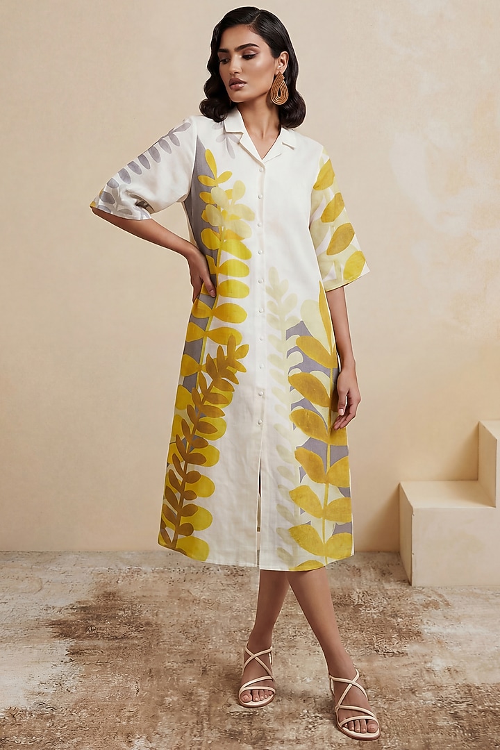 White Linen Abstract Printed Midi Collared Summer Dress by Satya Paul at Pernia's Pop Up Shop