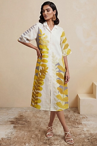 White Linen Abstract Printed Midi Collared Dress by Satya Paul