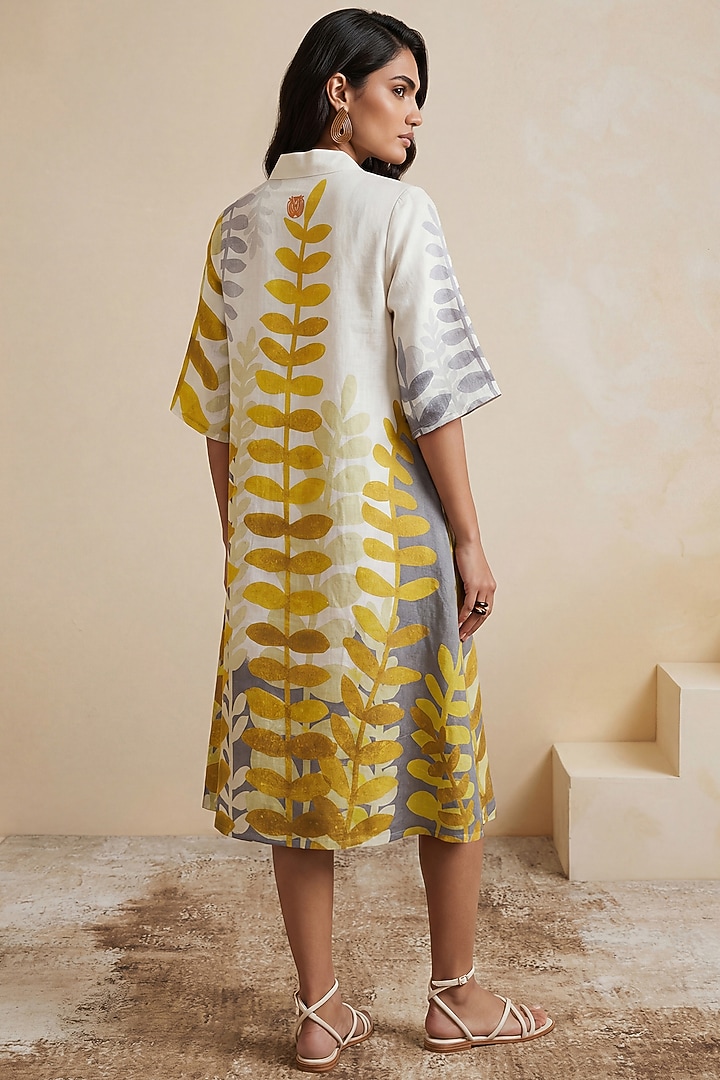 White Linen Abstract Printed Midi Collared Summer Dress by Satya Paul at Pernia's Pop Up Shop