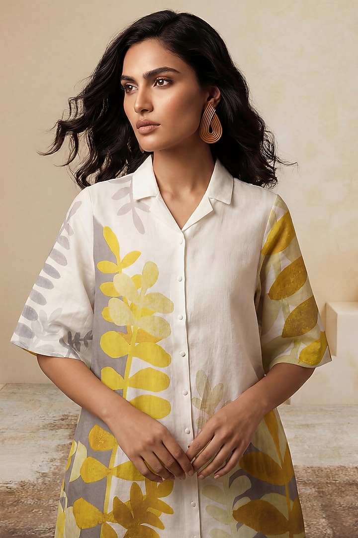 White Linen Abstract Printed Midi Collared Summer Dress by Satya Paul at Pernia's Pop Up Shop