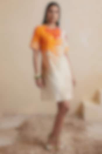 Orange & Off-White Linen Leaves Printed Mini Summer Dress by Satya Paul at Pernia's Pop Up Shop