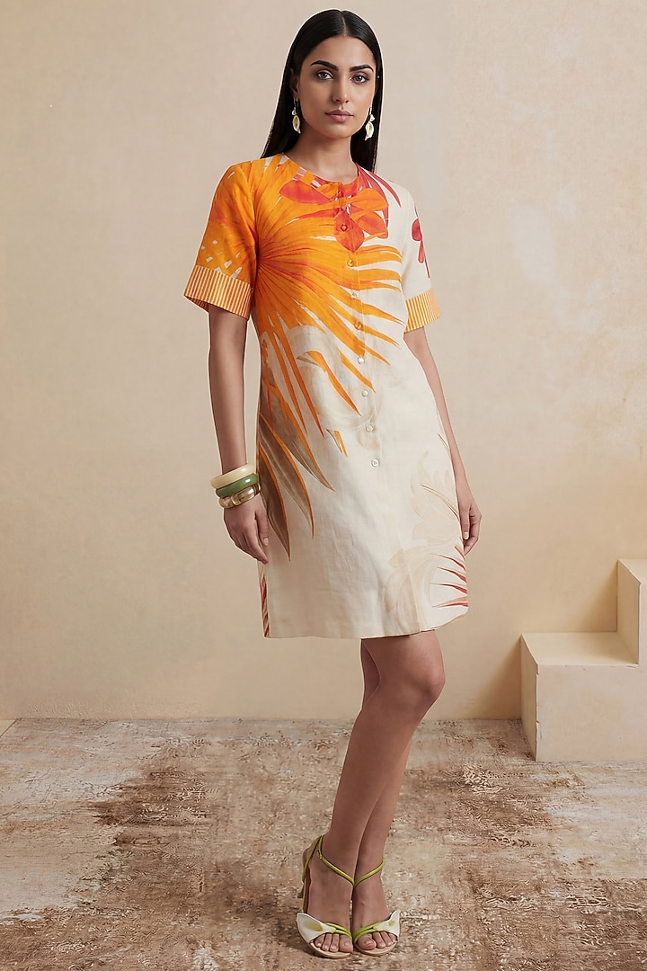 Orange & Off-White Linen Leaves Printed Mini Summer Dress by Satya Paul at Pernia's Pop Up Shop