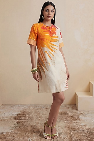 Orange & Off-White Linen Leaves Printed Mini Dress by Satya Paul