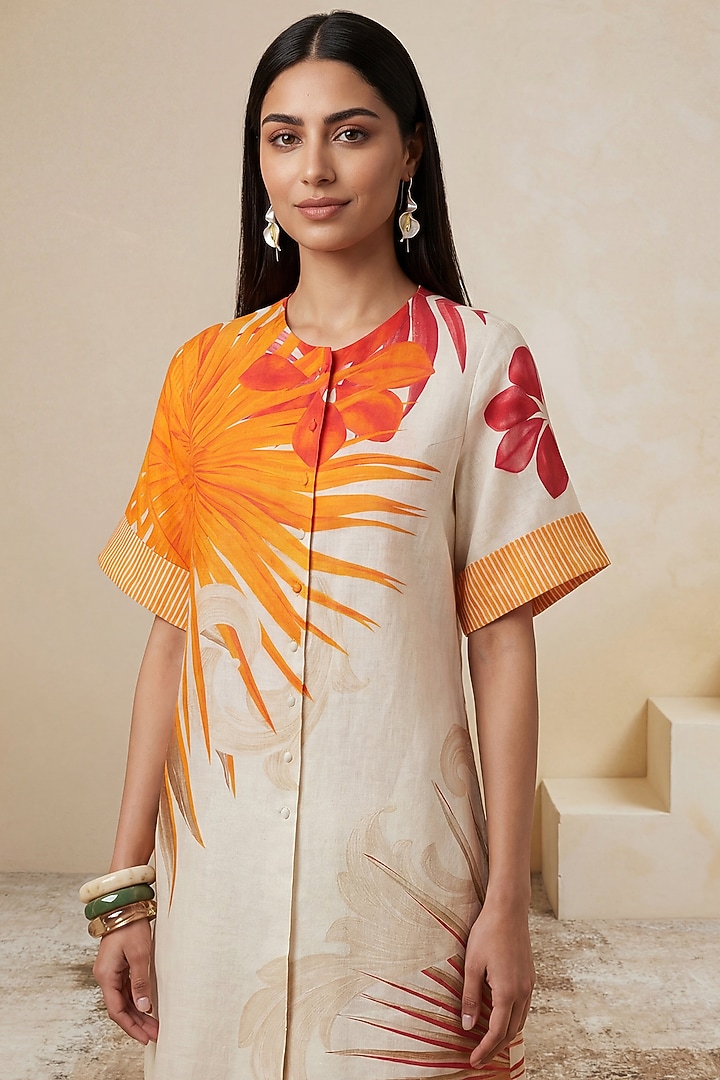 Orange & Off-White Linen Leaves Printed Mini Summer Dress by Satya Paul at Pernia's Pop Up Shop