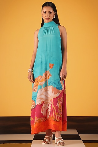 Light Blue Viscose Crepe Printed Halter Maxi Dress by Satya Paul