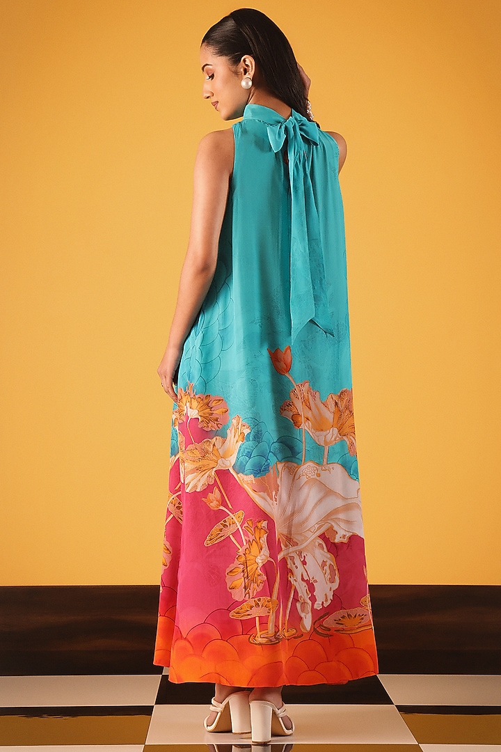 Light Blue Viscose Crepe Printed Halter Maxi Vacation Dress by Satya Paul at Pernia's Pop Up Shop