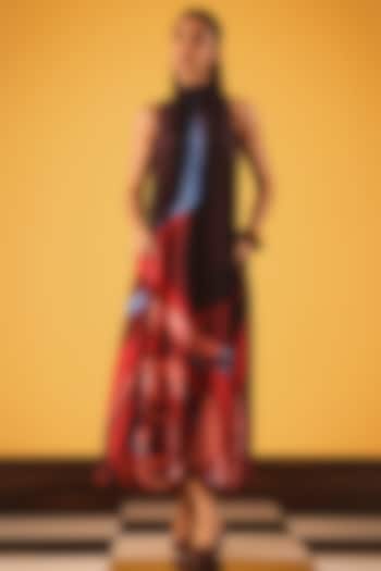 Black & Red Viscose Crepe Rose Printed Halter Vacation Dress by Satya Paul at Pernia's Pop Up Shop