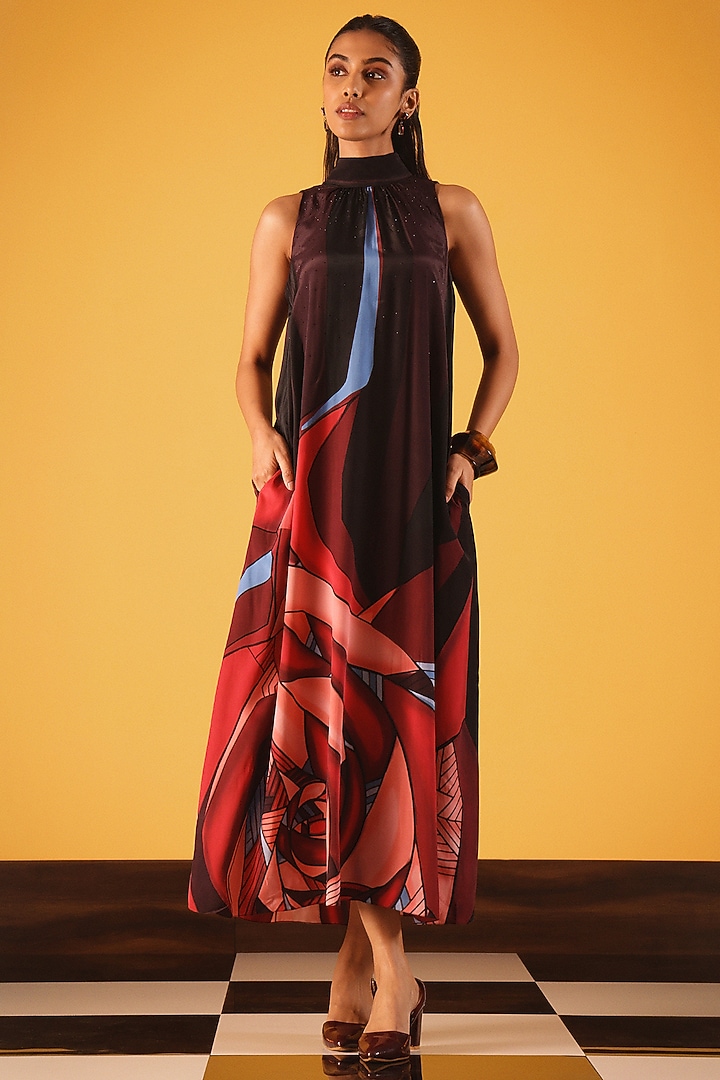 Black & Red Viscose Crepe Rose Printed Halter Vacation Dress by Satya Paul at Pernia's Pop Up Shop