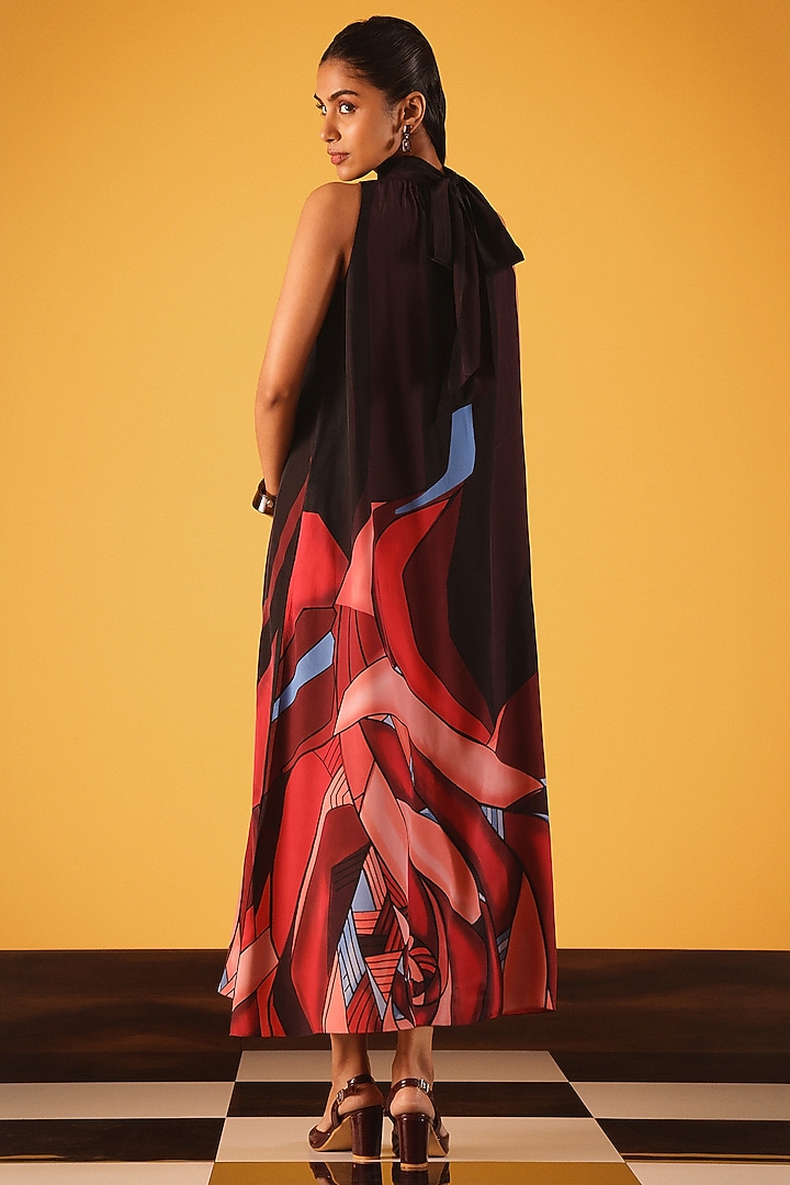 Black & Red Viscose Crepe Rose Printed Halter Vacation Dress by Satya Paul at Pernia's Pop Up Shop