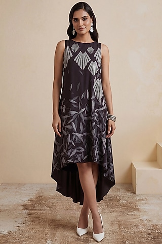 Black & White Poly Satin High-Low Midi Dress by Satya Paul