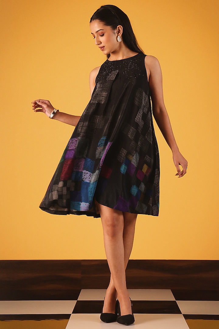 Black Viscose Crepe Checkered Mini Vacation Dress by Satya Paul at Pernia's Pop Up Shop
