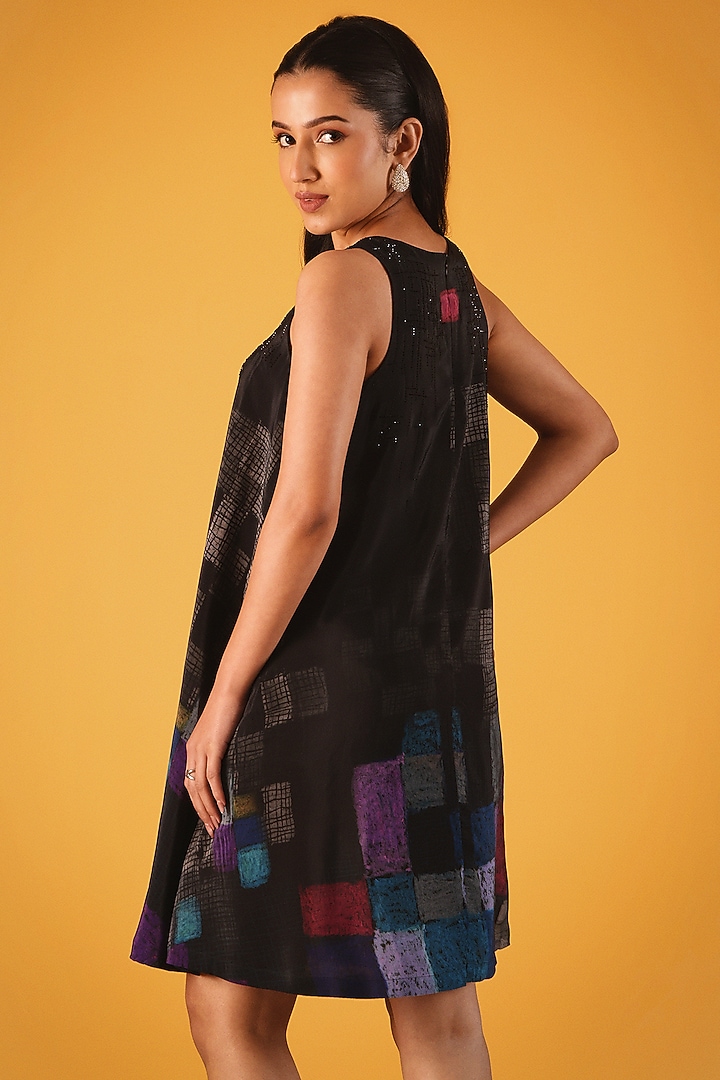 Black Viscose Crepe Checkered Mini Vacation Dress by Satya Paul at Pernia's Pop Up Shop