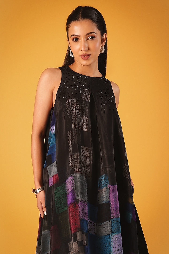 Black Viscose Crepe Checkered Mini Vacation Dress by Satya Paul at Pernia's Pop Up Shop