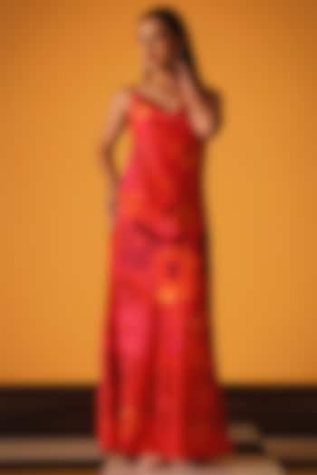 Pink & Red Poly Satin Floral Printed Maxi Vacation Dress by Satya Paul at Pernia's Pop Up Shop