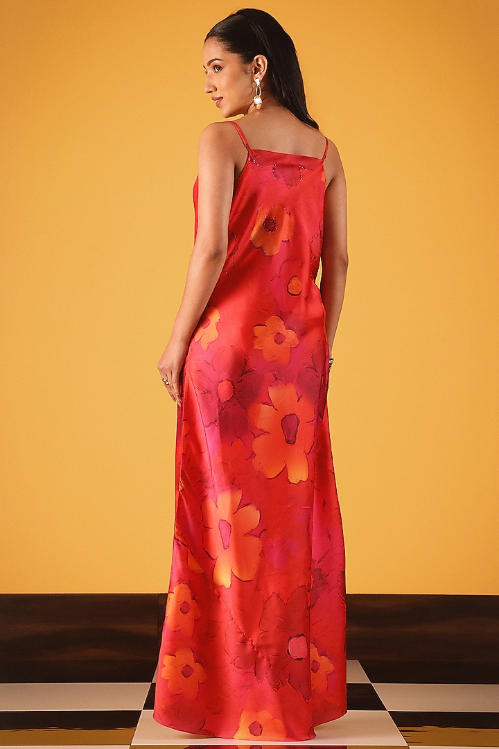 Pink & Red Poly Satin Floral Printed Maxi Vacation Dress by Satya Paul at Pernia's Pop Up Shop