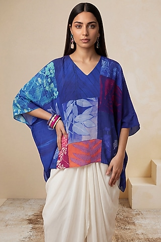 Light Blue Viscose Crepe Printed V-Neck Kaftan by Satya Paul