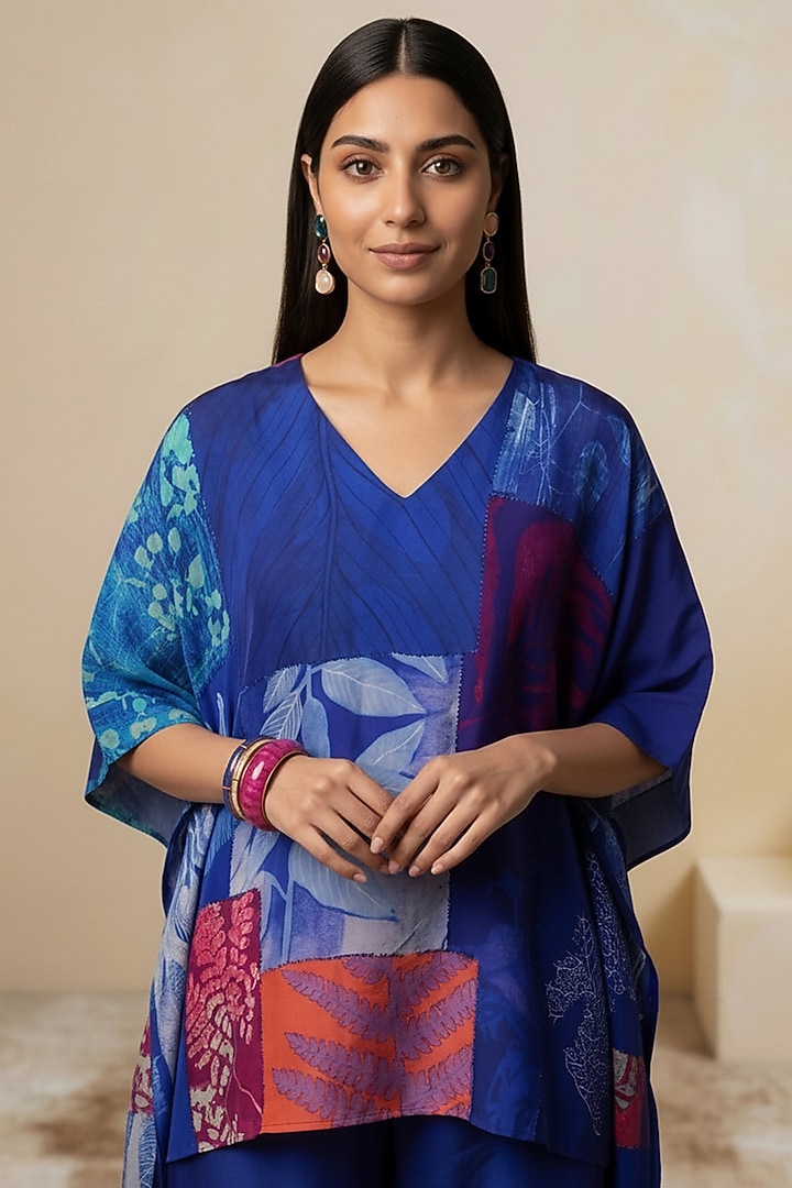 Light Blue Viscose Crepe Printed V-Neck Kaftan by Satya Paul at Pernia's Pop Up Shop
