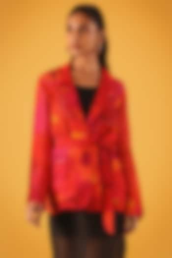 Pink & Red Viscose Organza Floral Printed Jacket by Satya Paul at Pernia's Pop Up Shop