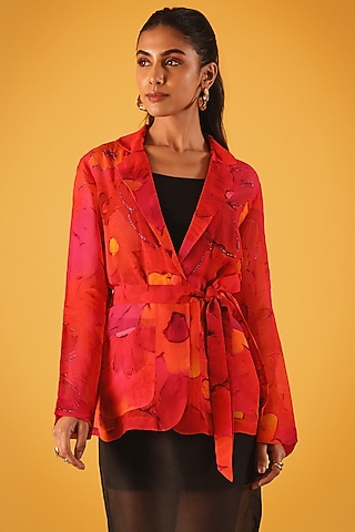 Pink & Red Viscose Organza Floral Printed Jacket by Satya Paul