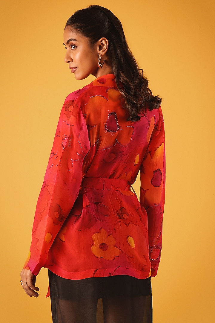 Pink & Red Viscose Organza Floral Printed Jacket by Satya Paul at Pernia's Pop Up Shop