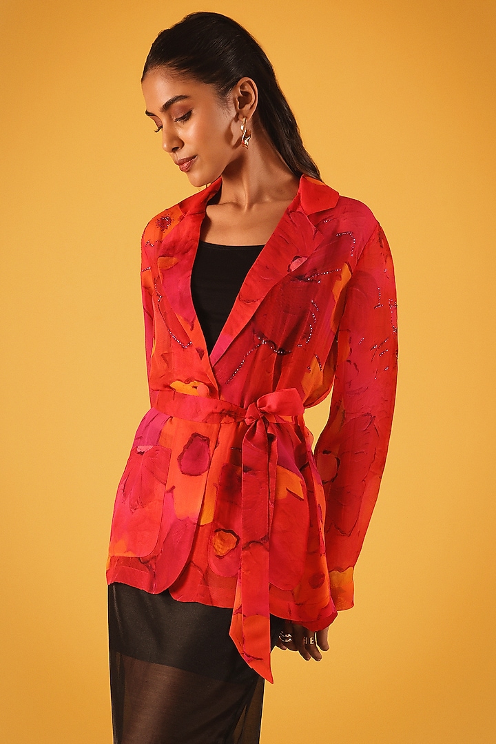 Pink & Red Viscose Organza Floral Printed Jacket by Satya Paul at Pernia's Pop Up Shop