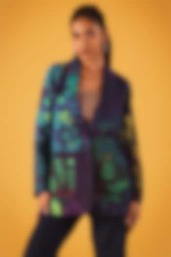 Navy Blue Viscose Linen Fern Leaves Printed Jacket by Satya Paul at Pernia's Pop Up Shop