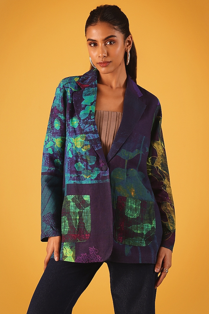 Navy Blue Viscose Linen Fern Leaves Printed Jacket by Satya Paul at Pernia's Pop Up Shop