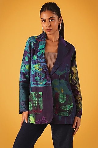 Navy Blue Viscose Linen Fern Leaves Printed Jacket by Satya Paul