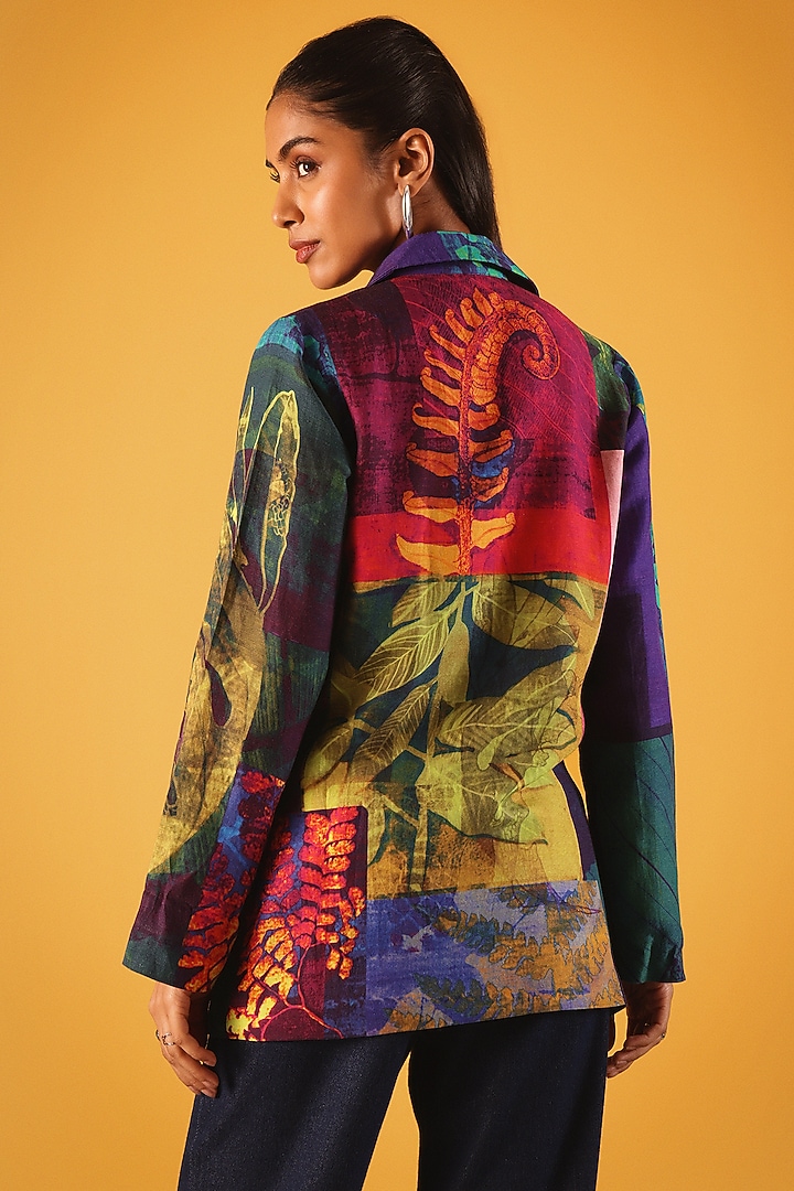Navy Blue Viscose Linen Fern Leaves Printed Jacket by Satya Paul at Pernia's Pop Up Shop