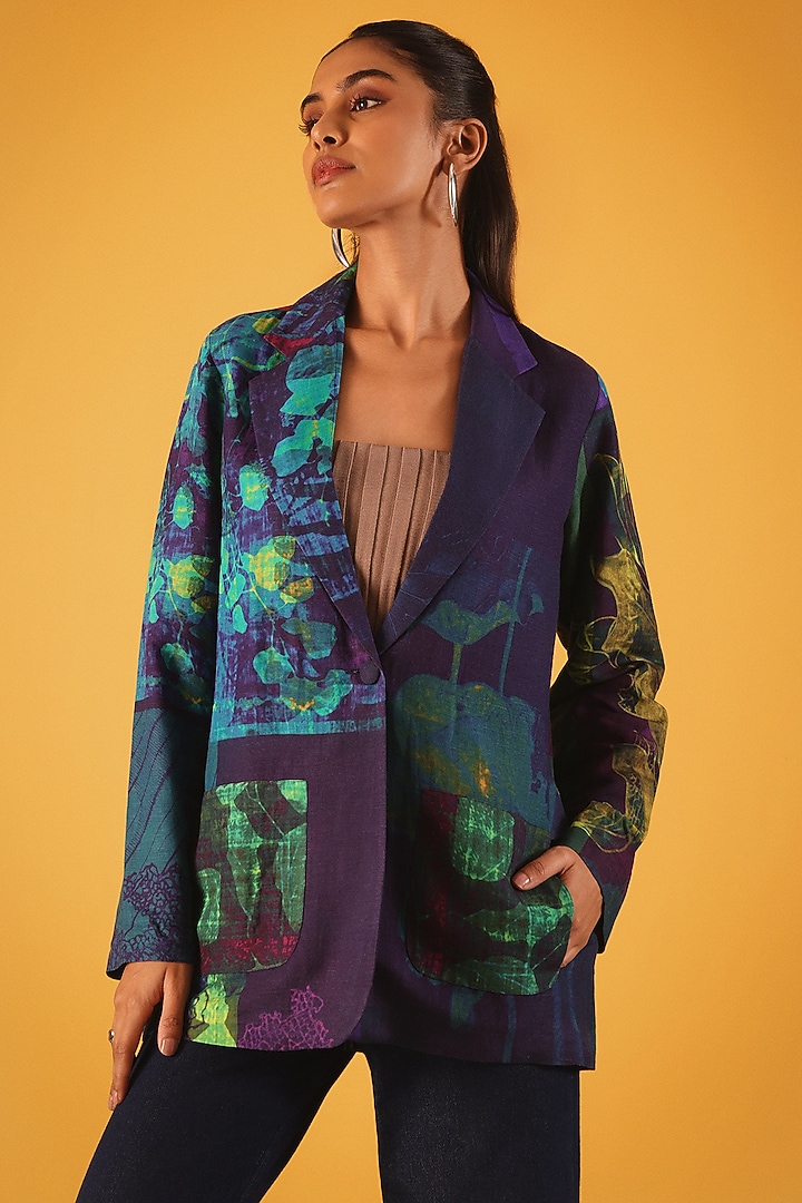 Navy Blue Viscose Linen Fern Leaves Printed Jacket by Satya Paul at Pernia's Pop Up Shop