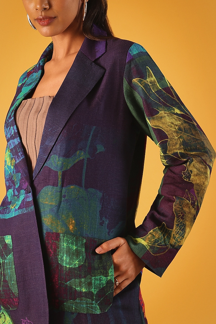 Navy Blue Viscose Linen Fern Leaves Printed Jacket by Satya Paul at Pernia's Pop Up Shop